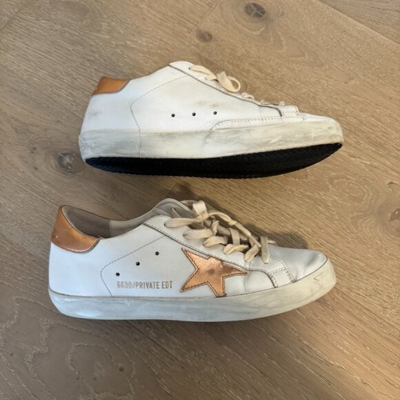 Golden Goose Super Star Low Too Sneaker- Optic White with Peach Pink Metallic - Picture 1 of 5